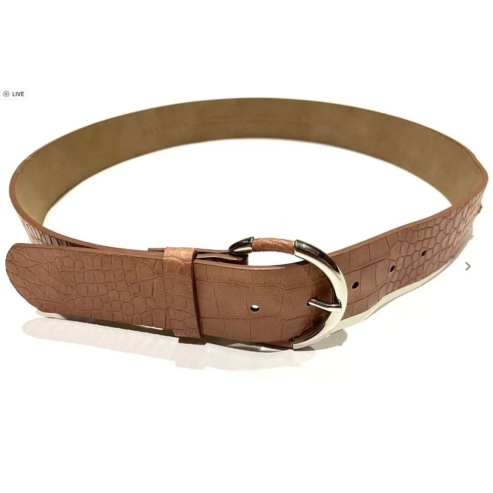 Halogen Womens Brown Croc Embossed Belt Silver Buckle Faux Leather S Nordstrom
